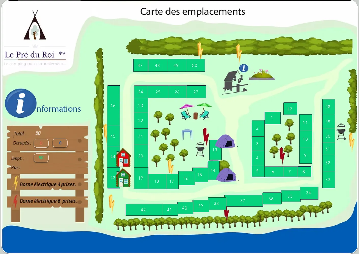 Carte des emplacements du camping Le pré du Roi à mailly le château (Yonne)